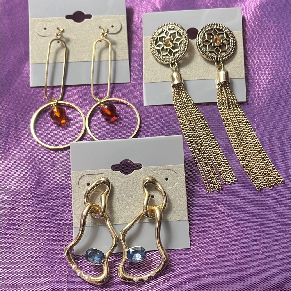 3 pack Gold-Tone Mixed Drop Earrings Set with Amber and Blue Accents